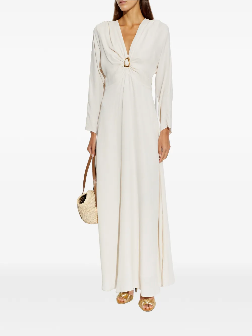 Forte Verfraaide maxi-jurk met lange mouwen Beige