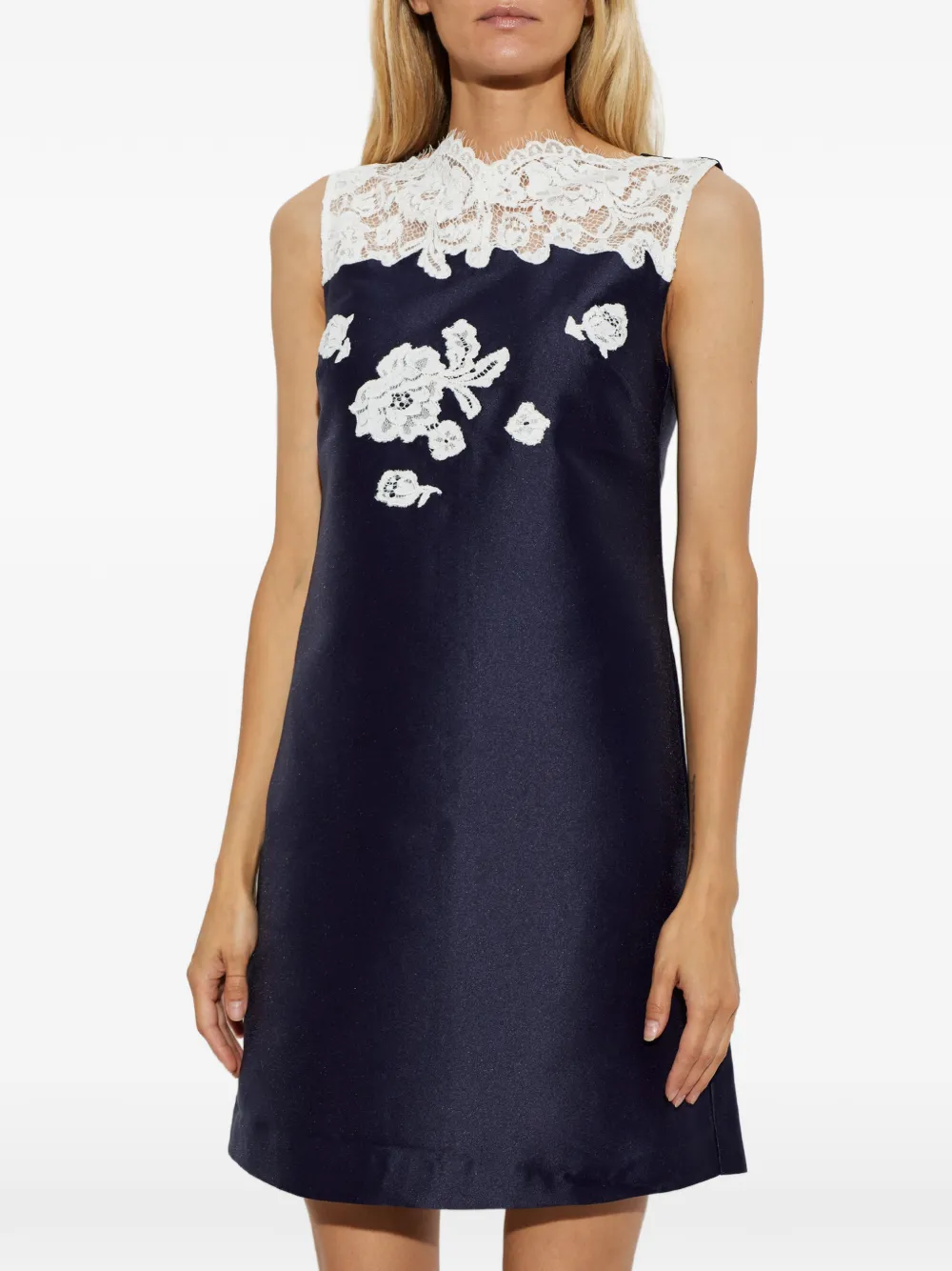 Self-Portrait navy taffeta lace mini dress Blauw