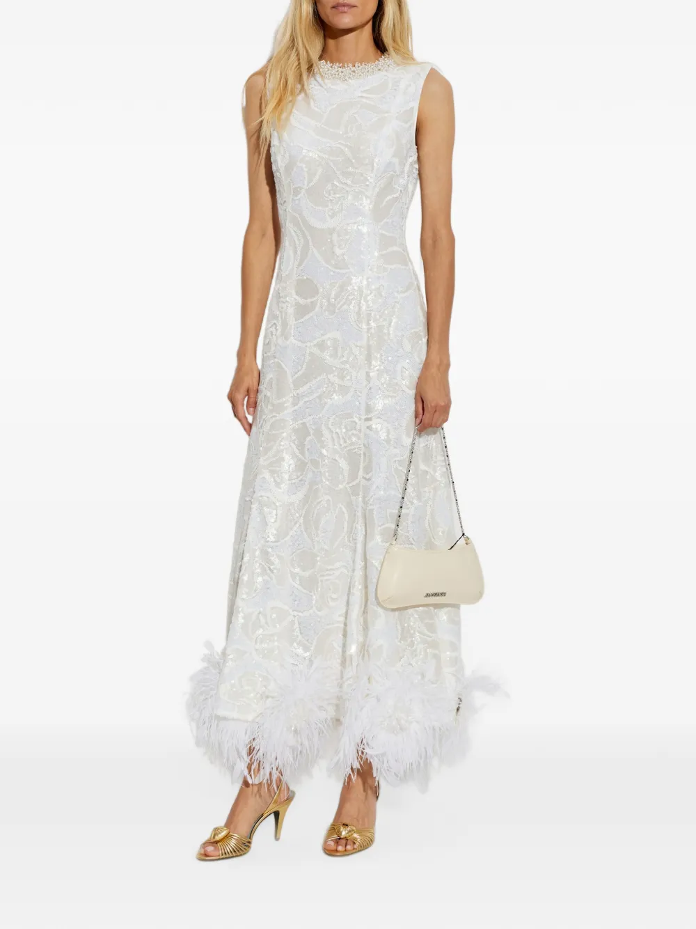 Self-Portrait white sequin lace feather midi dress Wit