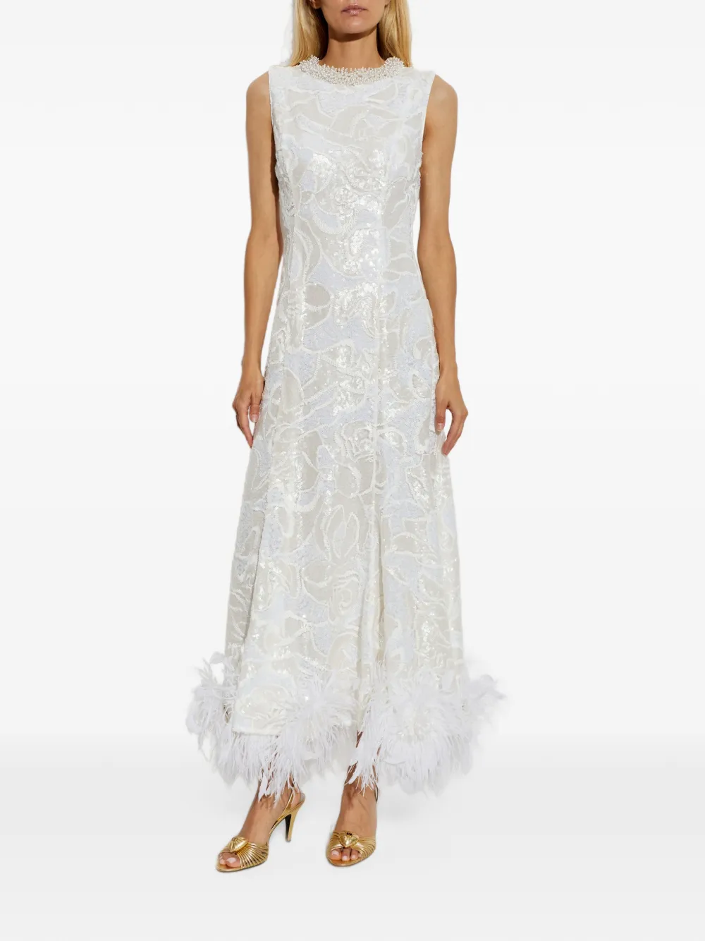 Self-Portrait white sequin lace feather midi dress Wit