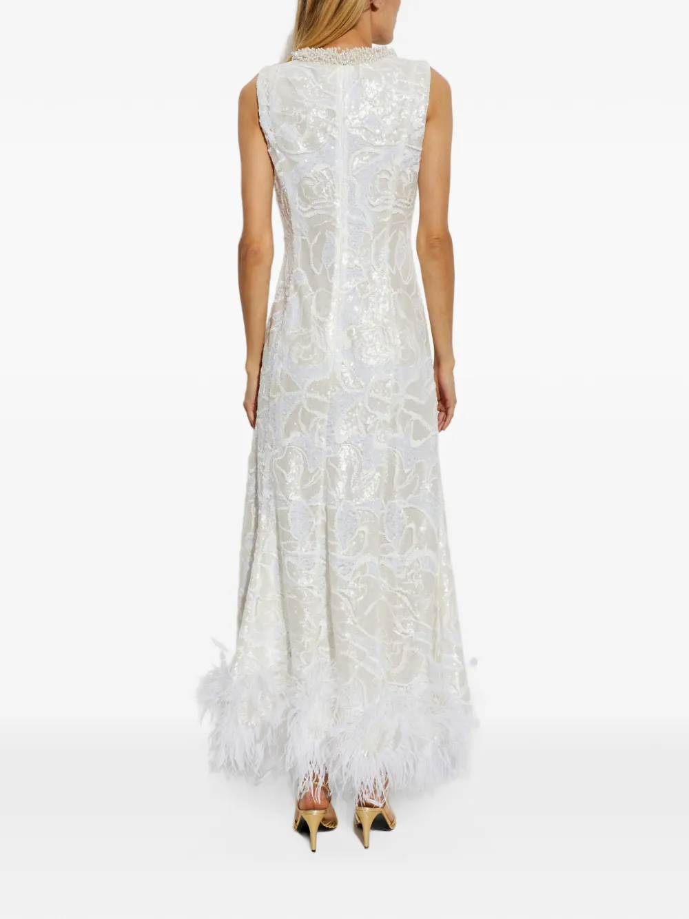 Self-Portrait white sequin lace feather midi dress Wit
