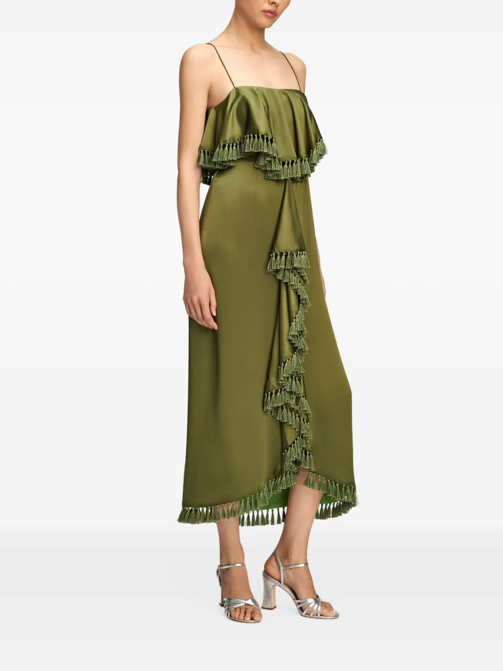 Cinq A Sept Luma tassel-trim silk midi dress Groen