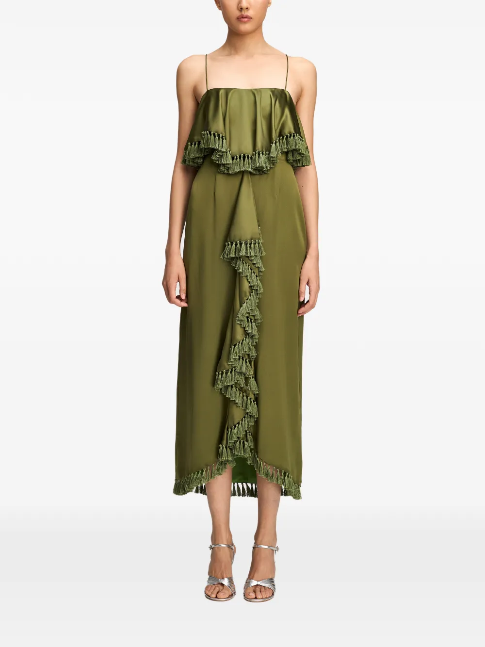 Cinq A Sept Luma tassel-trim silk midi dress Groen