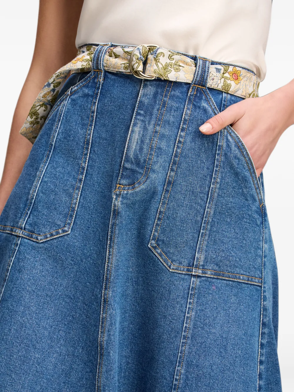 Cinq A Sept Benji belted flared denim midi skirt Blauw