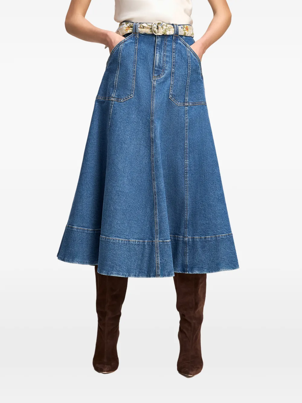Cinq A Sept Benji belted flared denim midi skirt Blauw