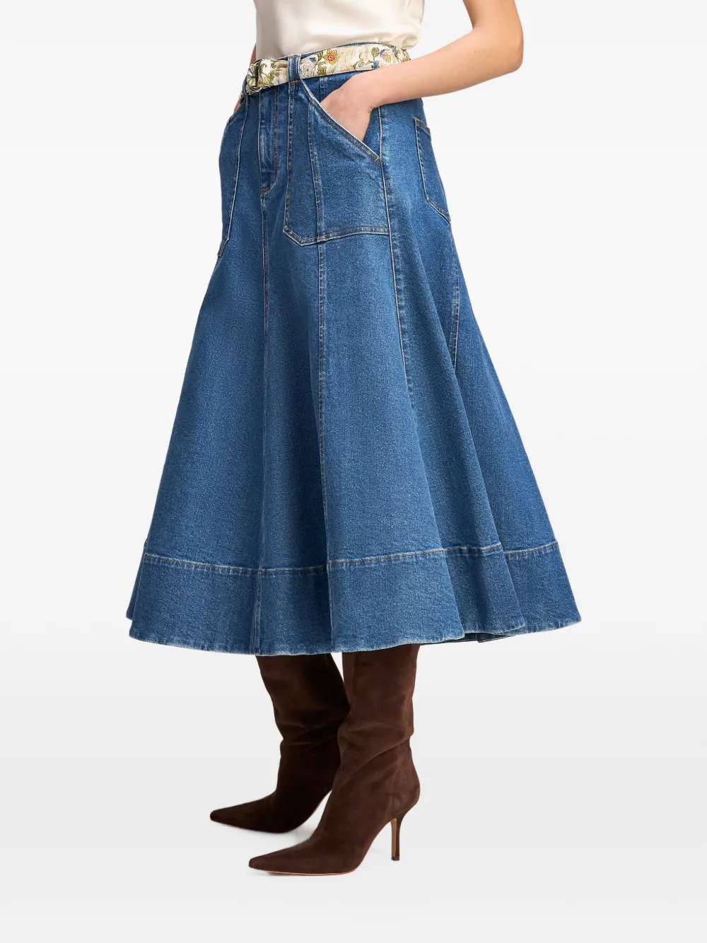 Cinq A Sept Benji belted flared denim midi skirt Blauw