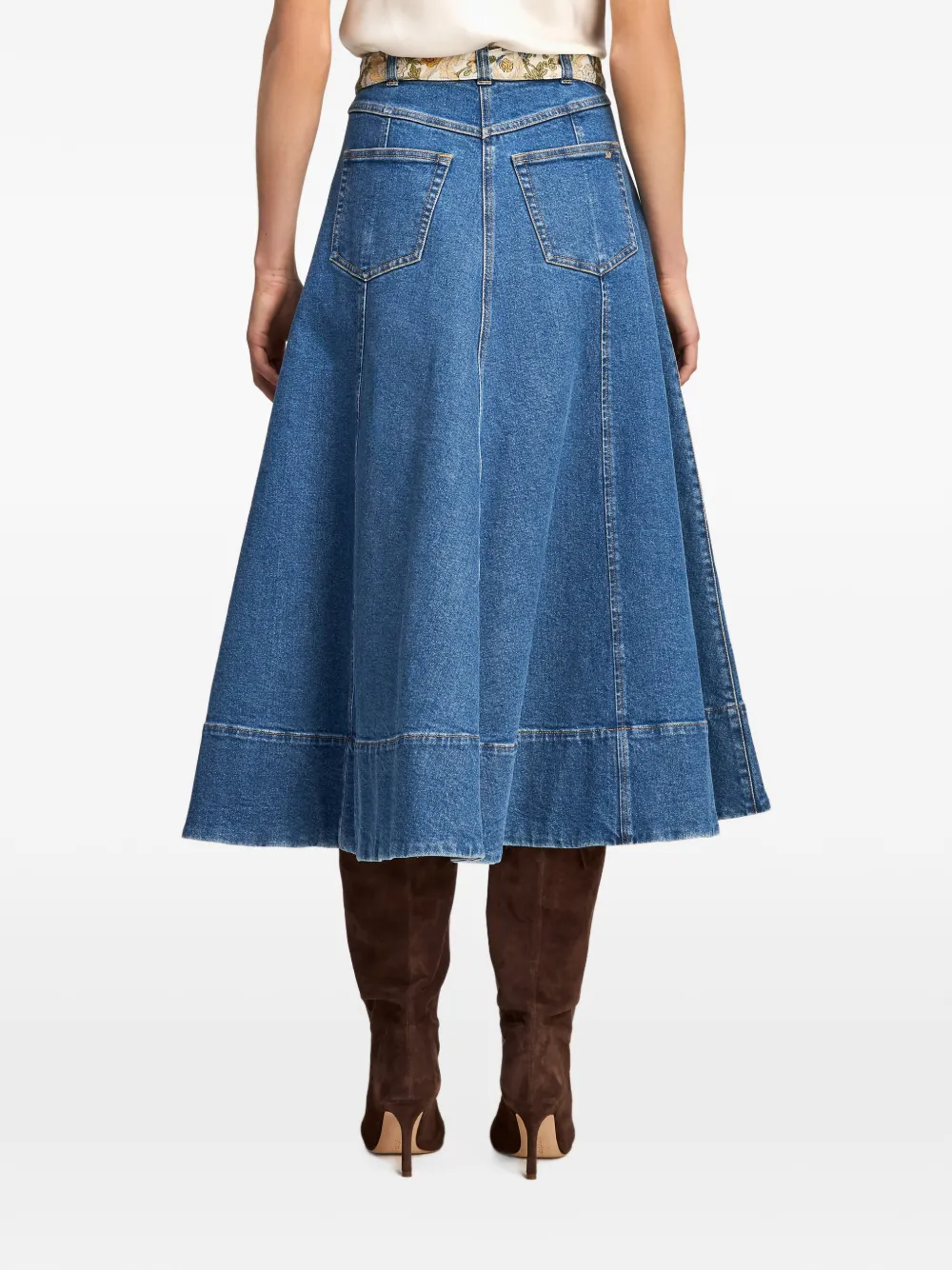 Cinq A Sept Benji belted flared denim midi skirt Blauw