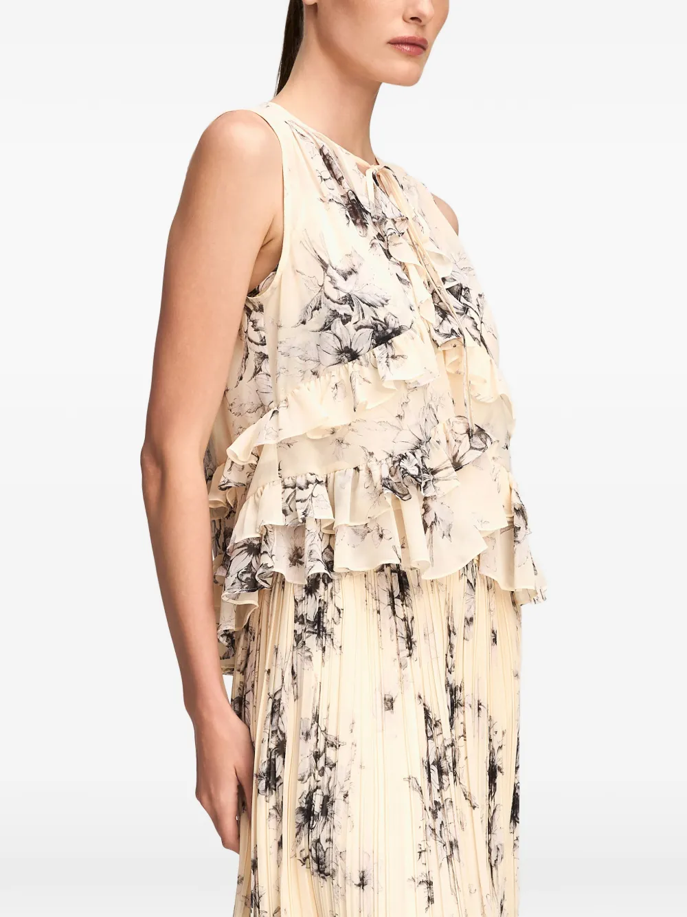 Cinq A Sept Ariette floral-print ruffled blouse Beige