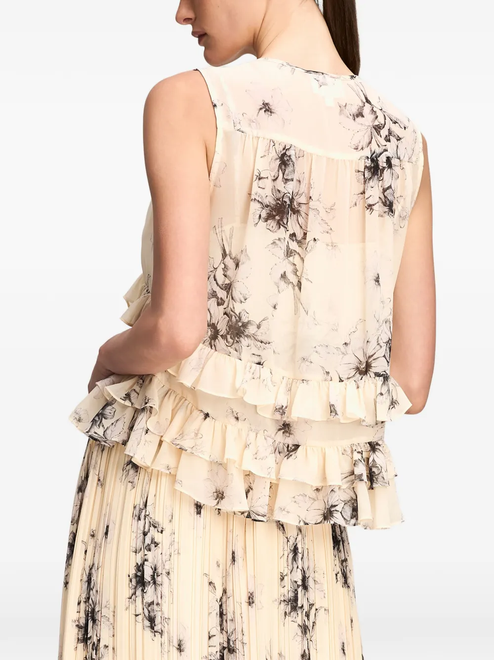 Cinq A Sept Ariette floral-print ruffled blouse Beige