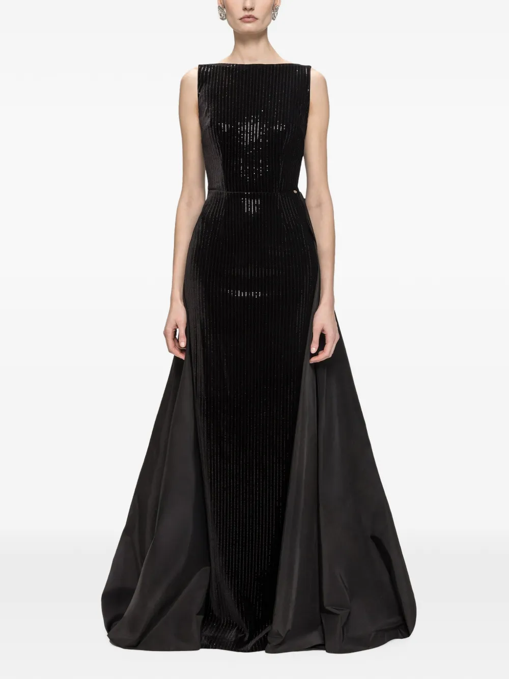 NISSA velvet sequin taffeta train maxi dress Zwart