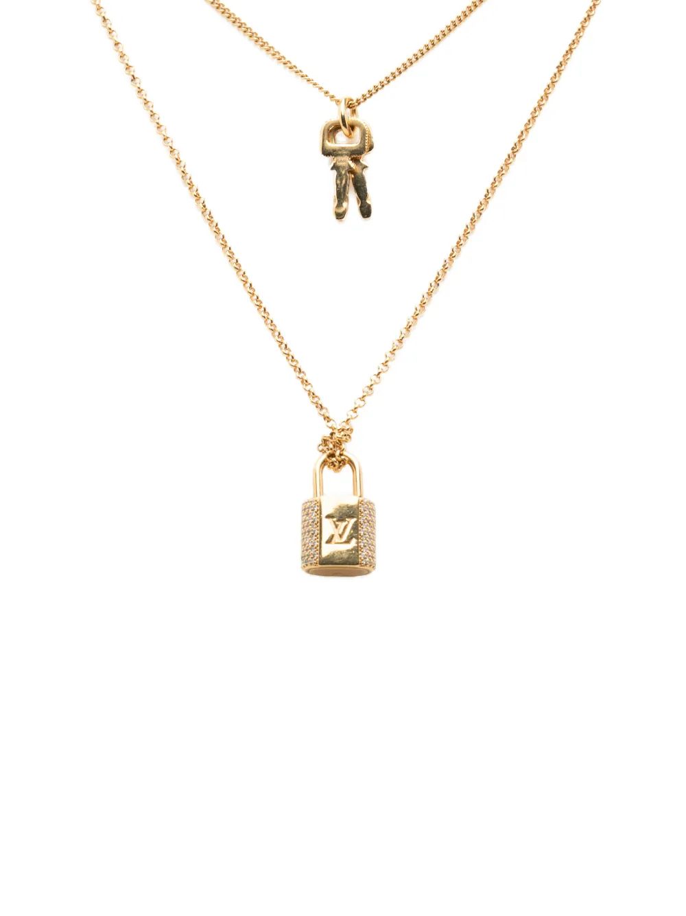 Louis Vuitton Pre-Owned 2024 Gold Plated Strass Padlock and Key Pendant Necklace costume necklace - Oro