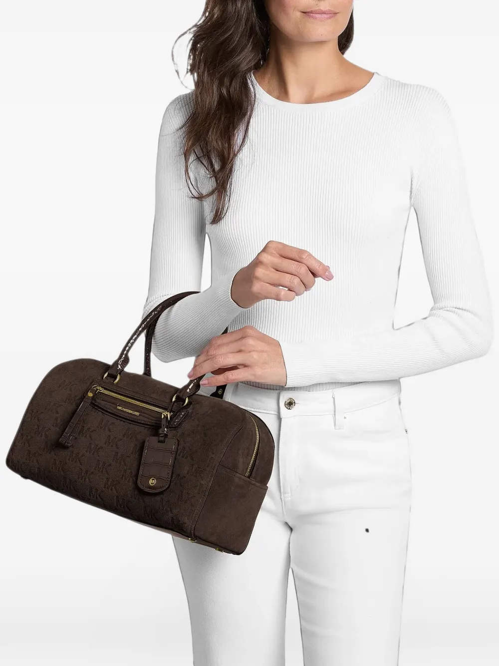 Michael Kors Jet Set travel medium logo embossed suede duffel crossbody bag Bruin