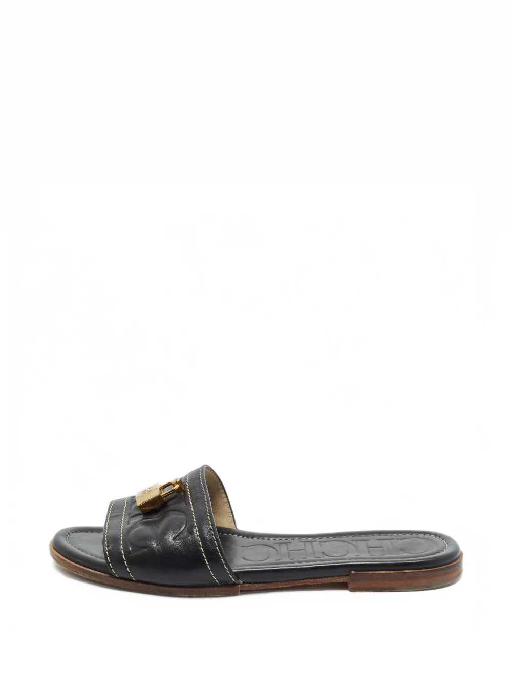 Carolina Herrera Vintage Padlock monogram debossed flat sandals - Noir Carolina Herrera Vintage Padlock monogram debossed flat sandals - Noir
