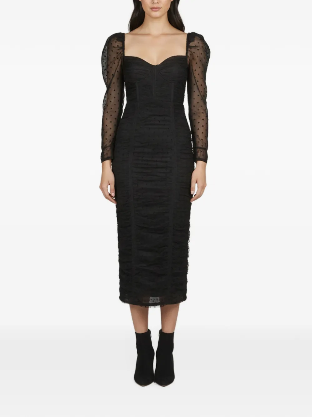 Self-Portrait Dot mesh gathered midi dress - Noir Self-Portrait Dot mesh gathered midi dress - Noir
