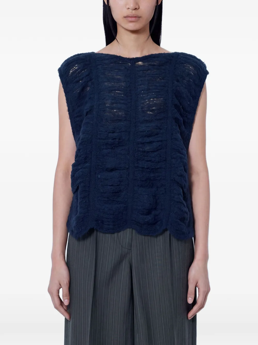 OUR LEGACY rib-cage vest navy blue fringe alpaca - Bleu