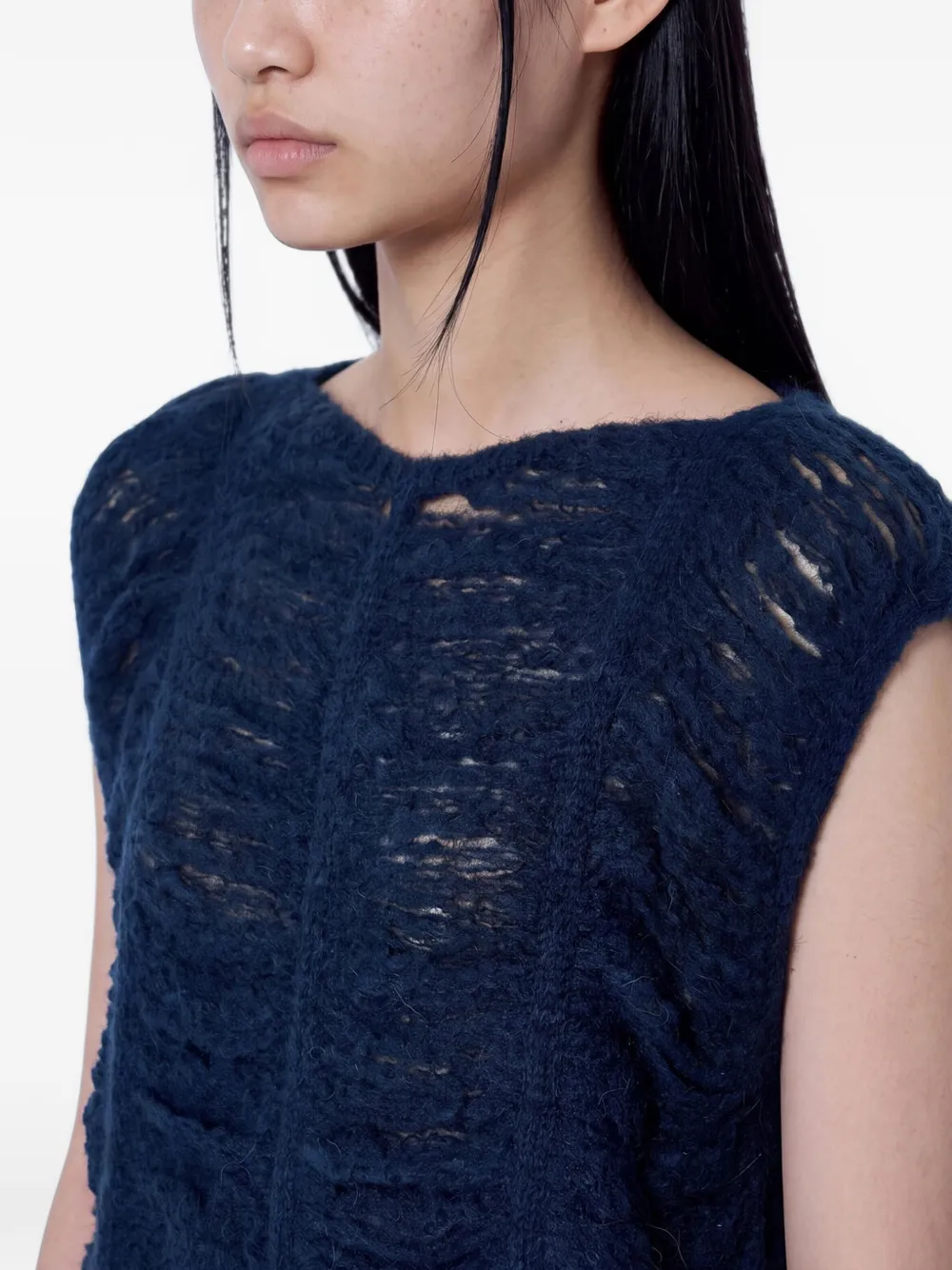 OUR LEGACY rib-cage vest navy blue fringe alpaca Blauw
