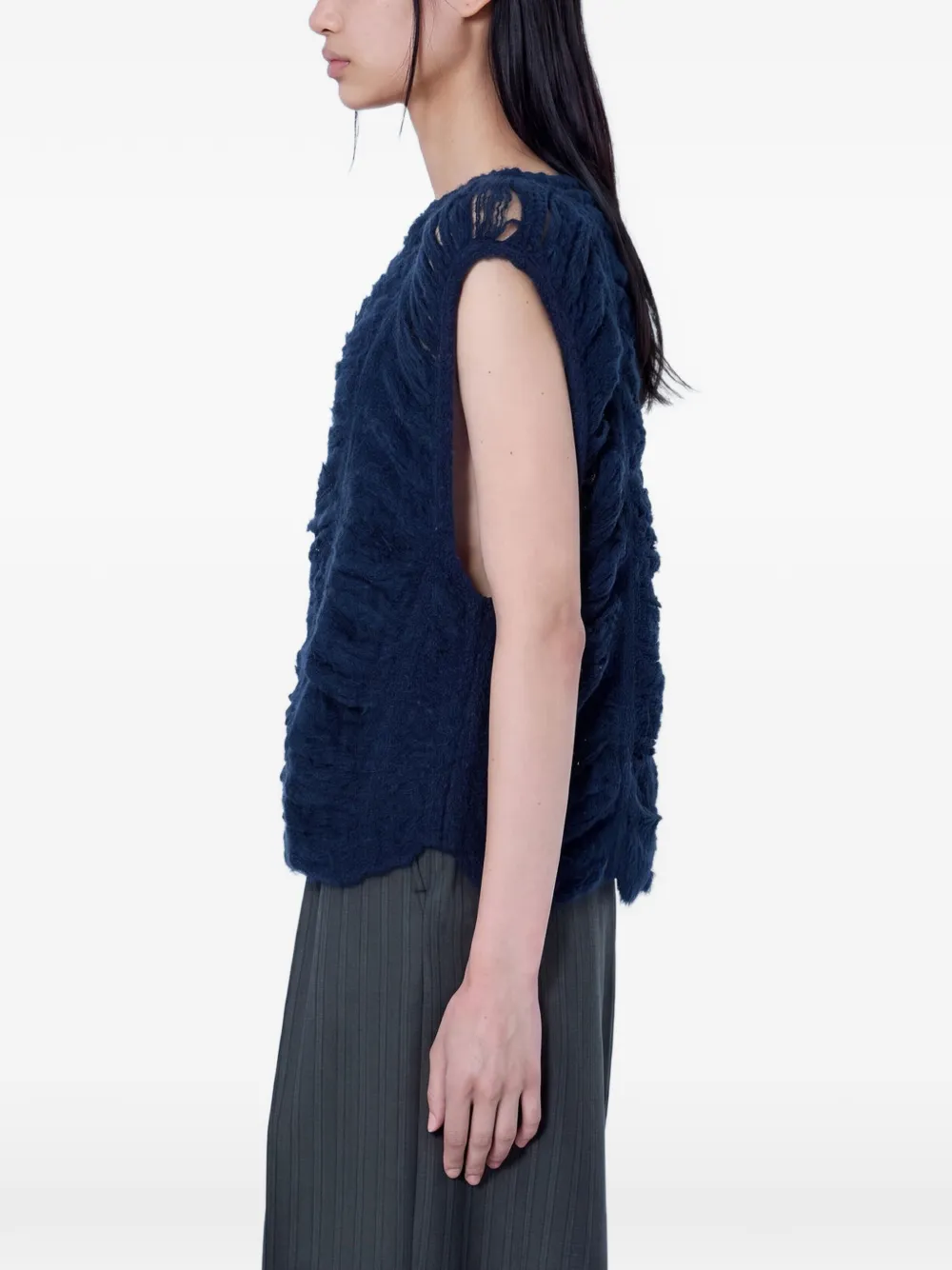 OUR LEGACY rib-cage vest navy blue fringe alpaca Blauw