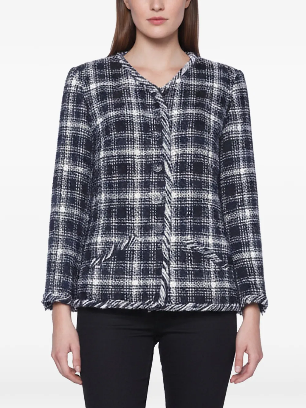 CHANEL Pre-Owned 2018 plaid tweed collarless fitted jacket - Blau