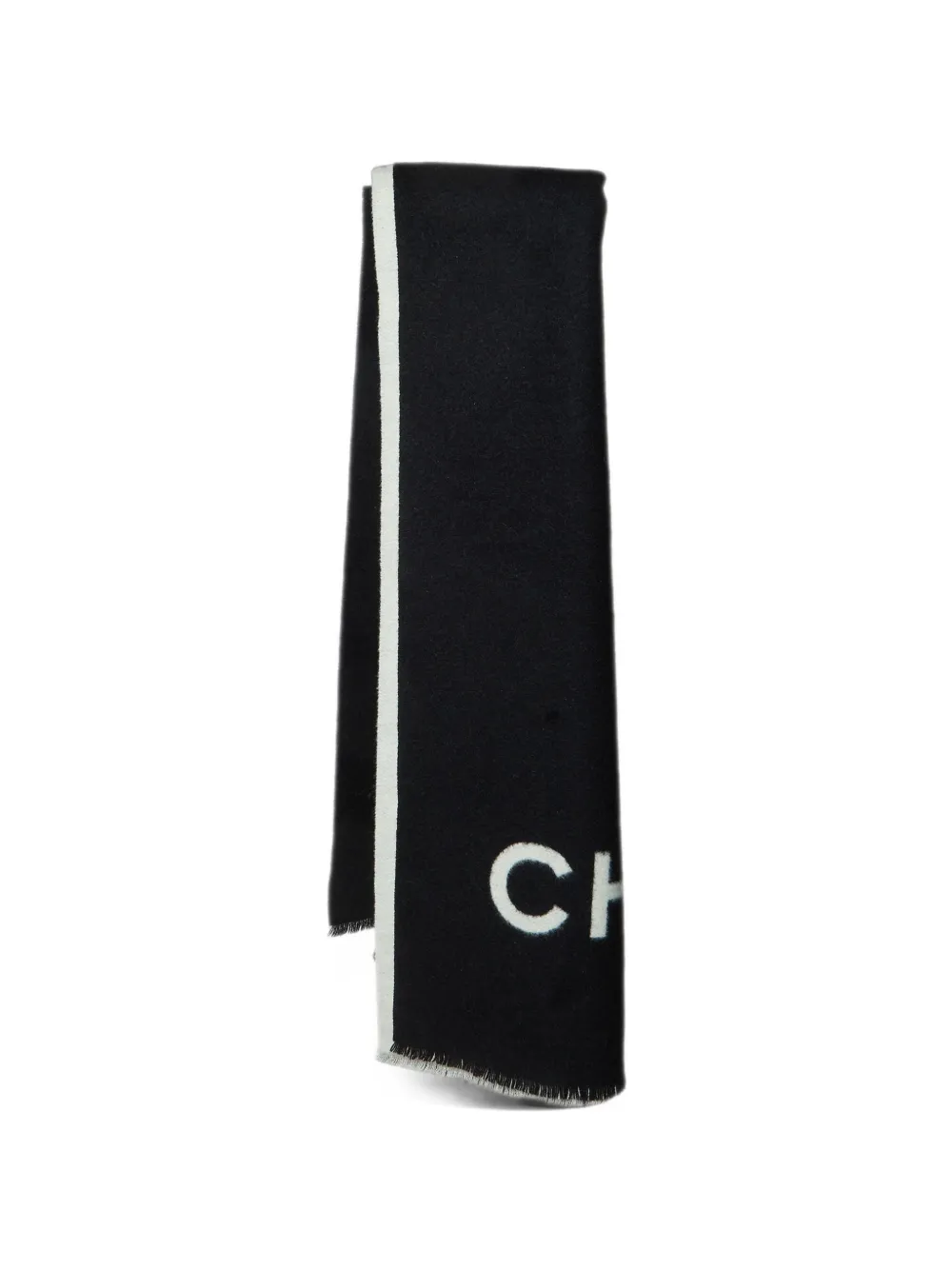 CHANEL Pre-Owned logo-print fringed scarf - Black