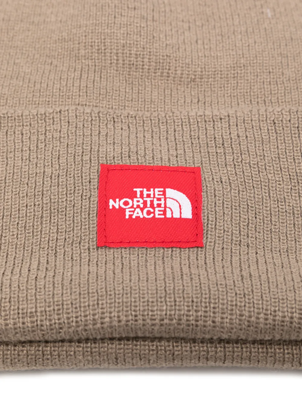 The North Face logo-patch ribbed-knit beanie hat Beige