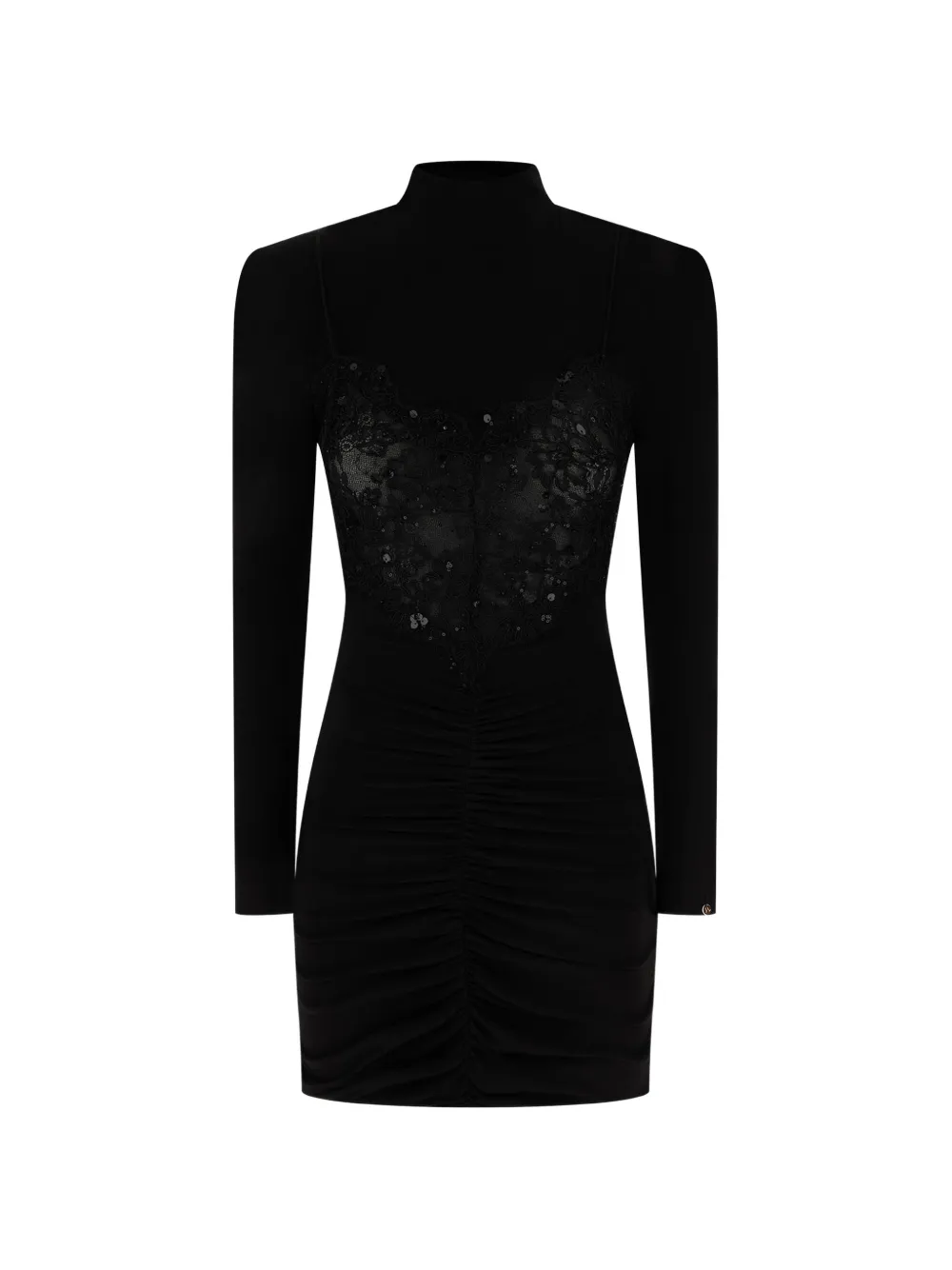 NISSA lace-insert ruched mini dress Zwart