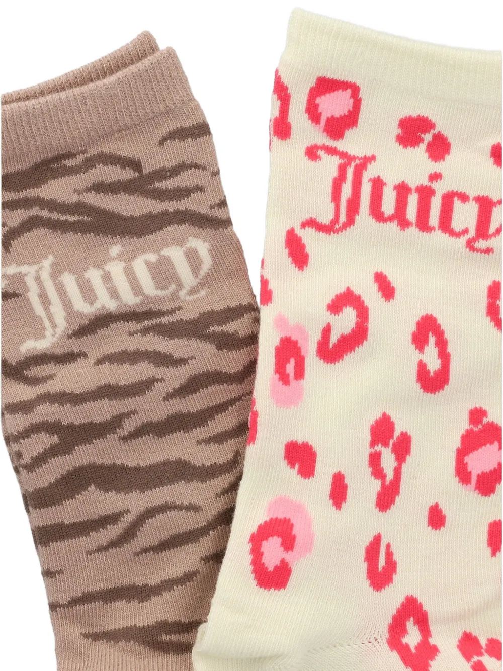 Juicy Couture Twee paar gebreide sokken met dierenprint en logo Beige