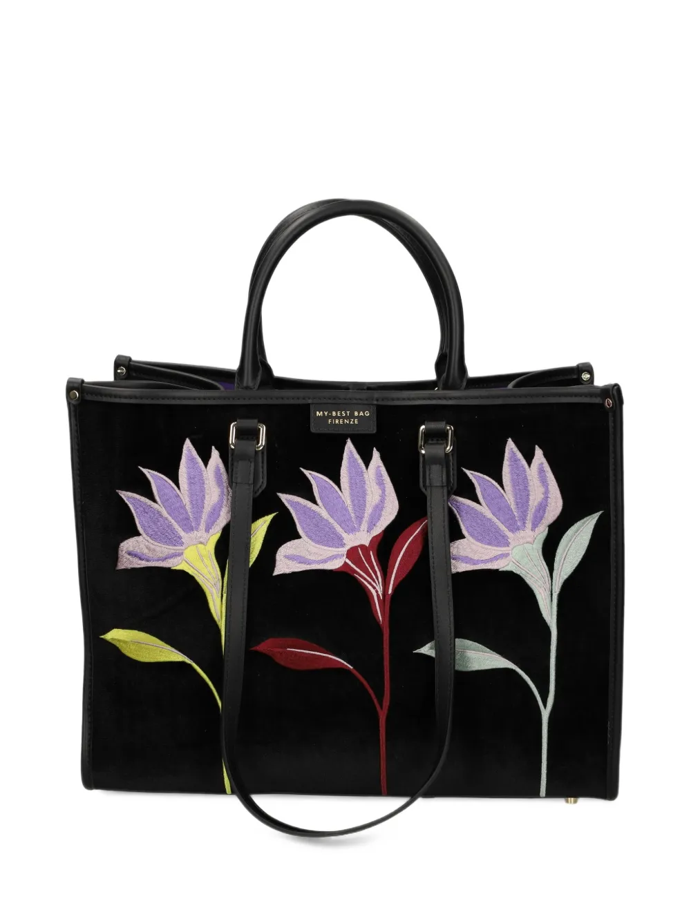 MY BEST BAG Fluwelen shopper met geborduurde bloemen Zwart