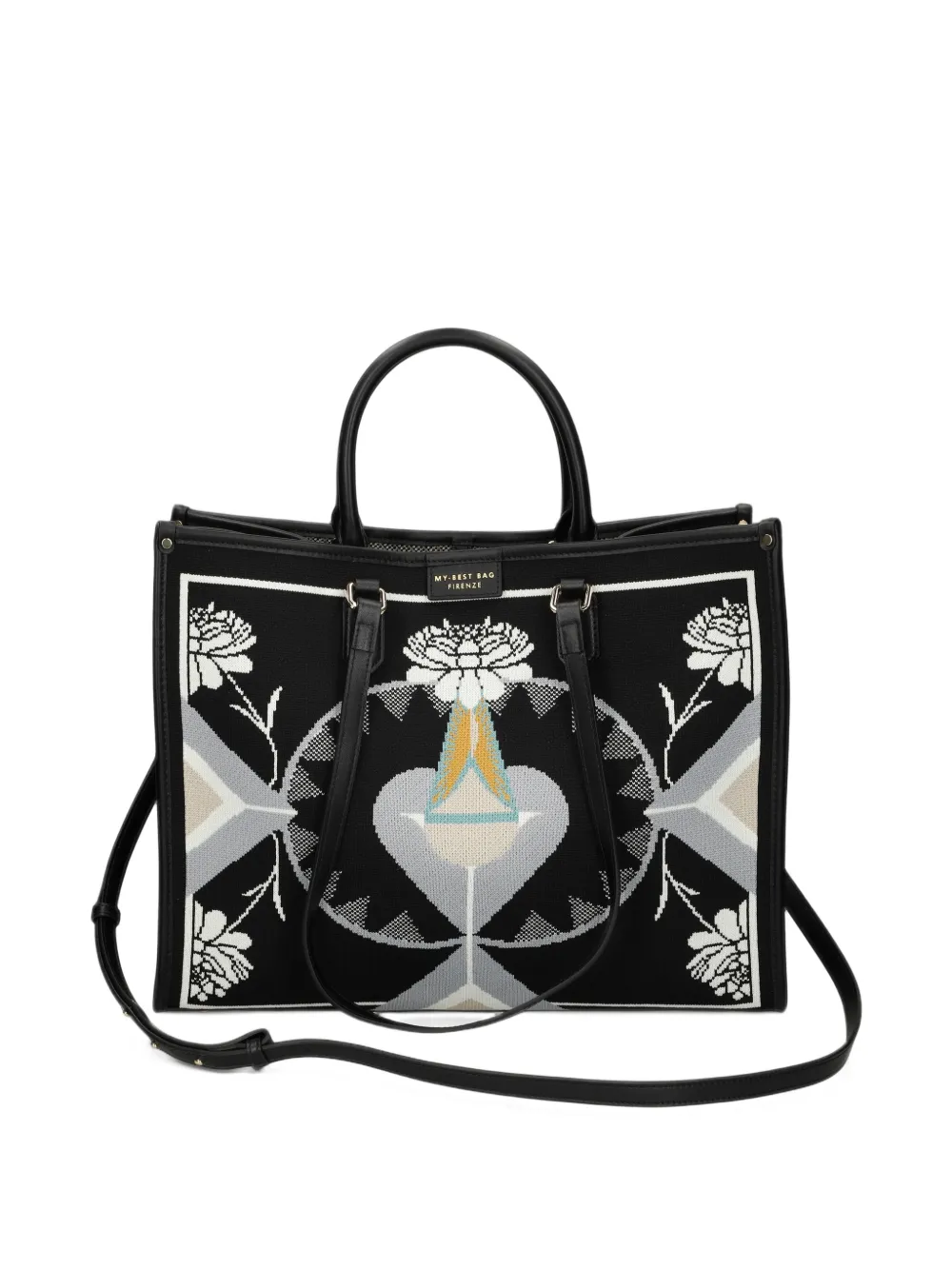 MY BEST BAG Shopper met geometrisch patroon en bloemen-print Zwart