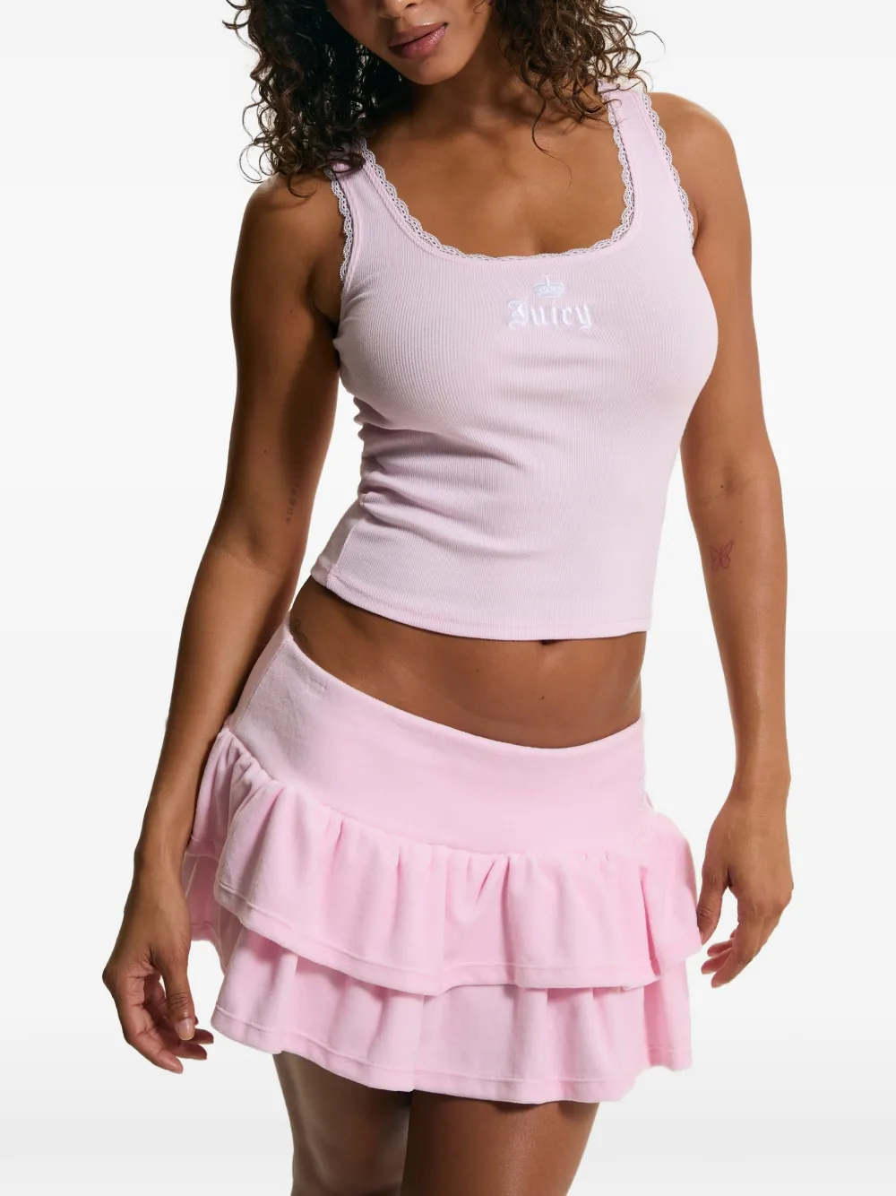 Juicy Couture Tanktop met geborduurd logo en kanten afwerking Roze
