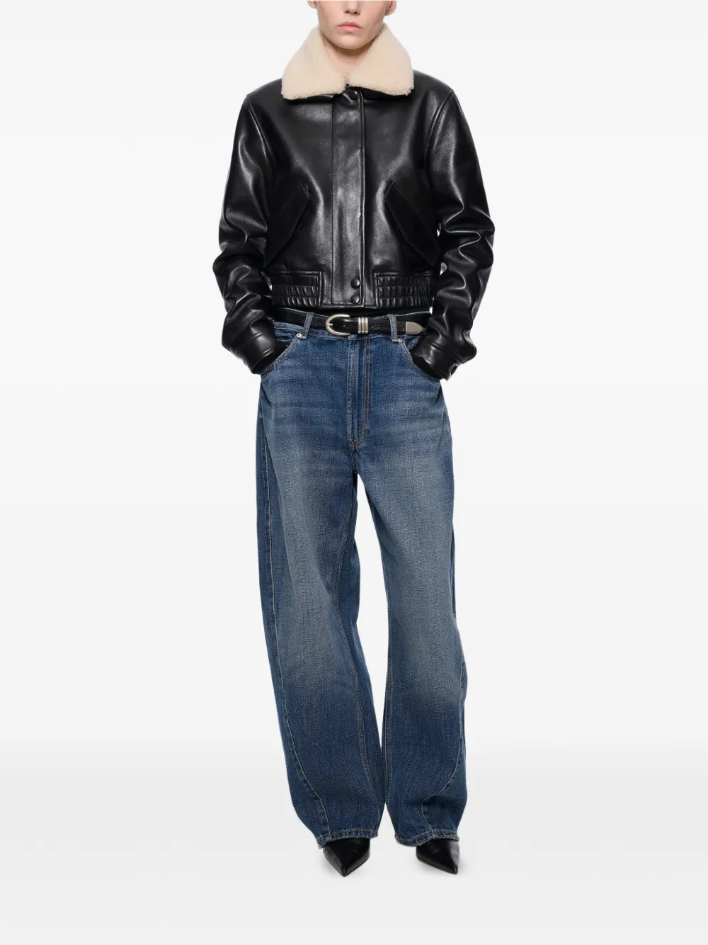 STAND STUDIO Dee faux-fur collar leather jacket Zwart