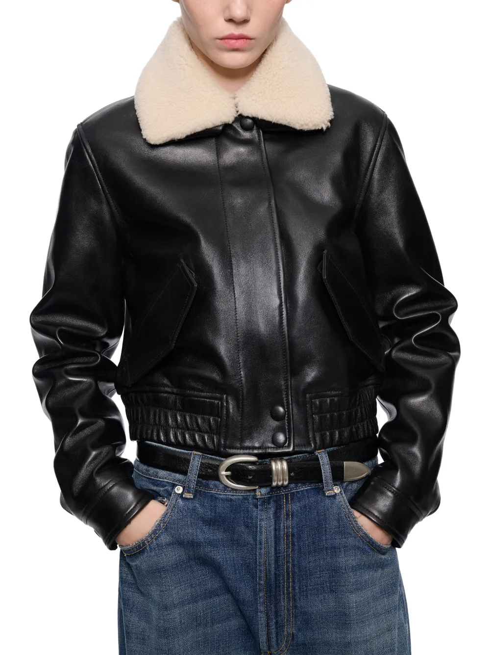 STAND STUDIO Dee faux-fur collar leather jacket Zwart