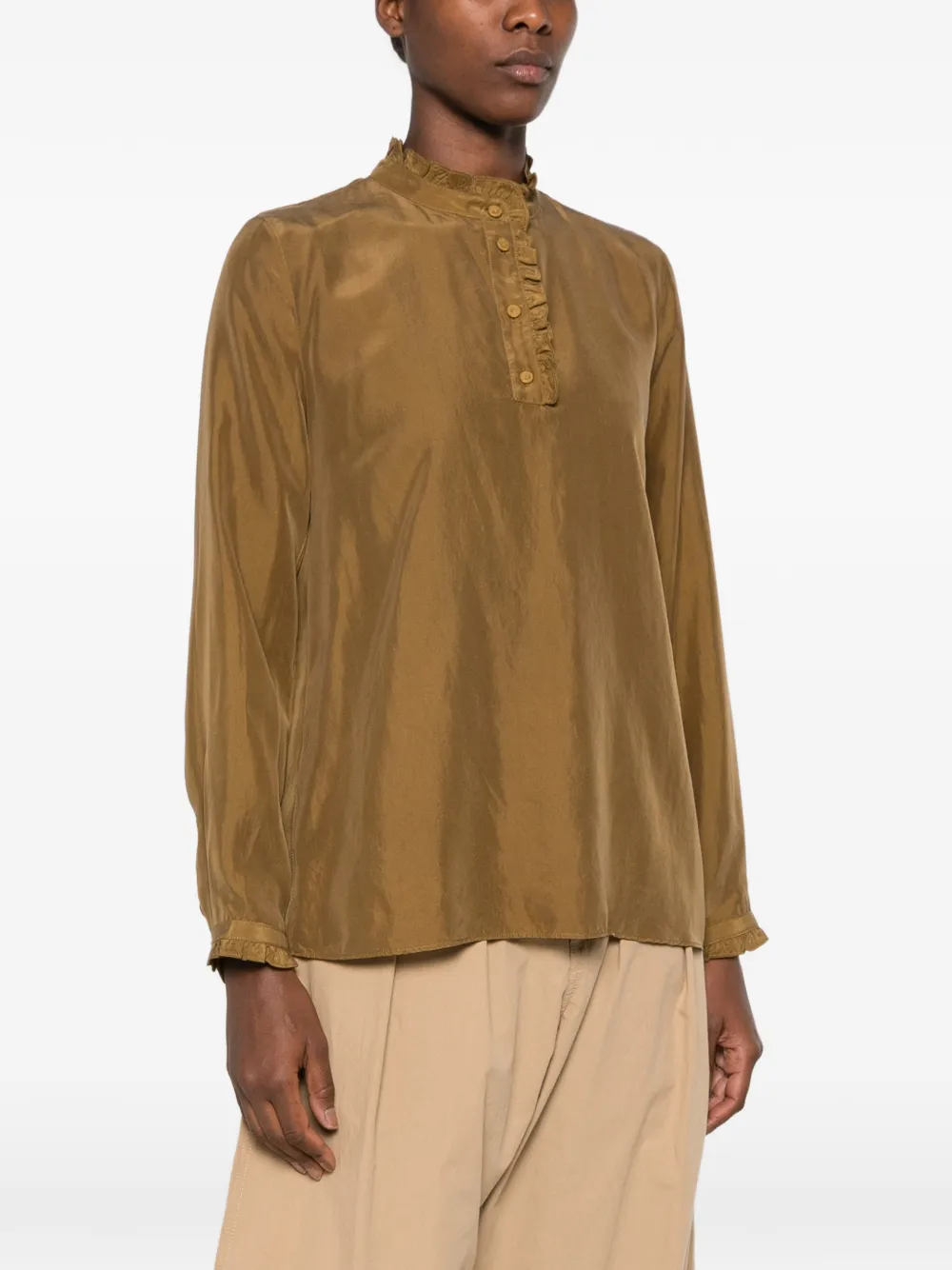 Forte ruffled long-sleeve blouse Groen