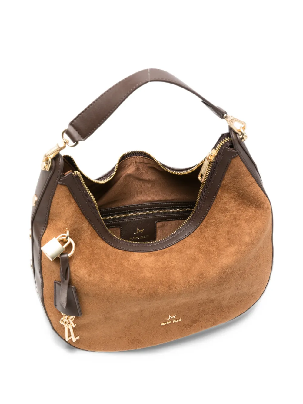 Marc Ellis Sindy Key stud-embellished suede shoulder bag Bruin