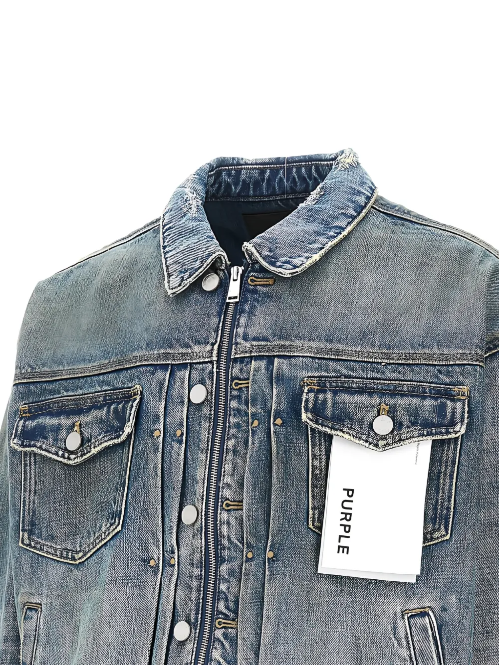 Purple Brand Reflective Selvedge distressed studded denim jacket Blauw