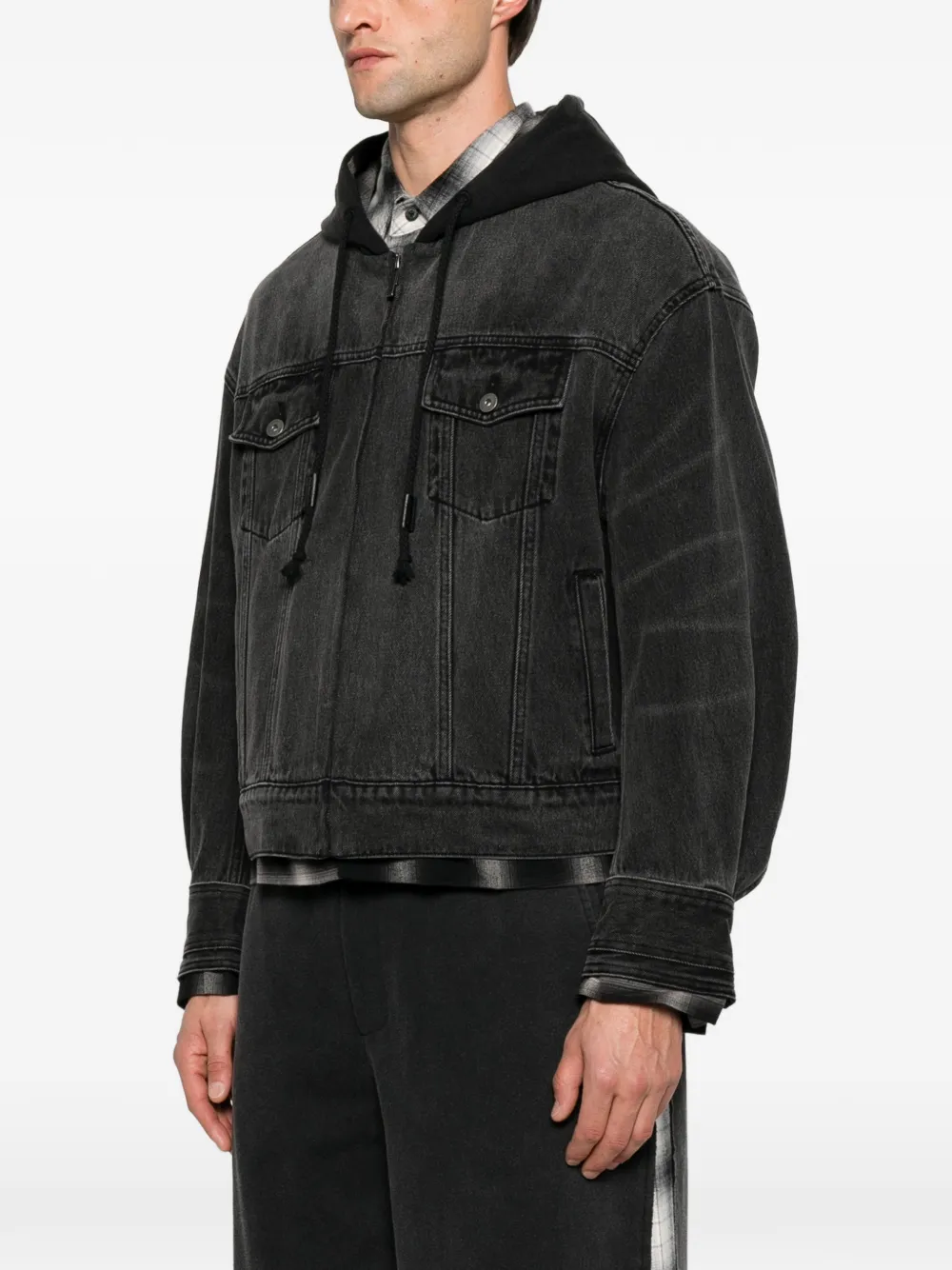 Feng Chen Wang Denim jack met gelaagde capuchon Zwart