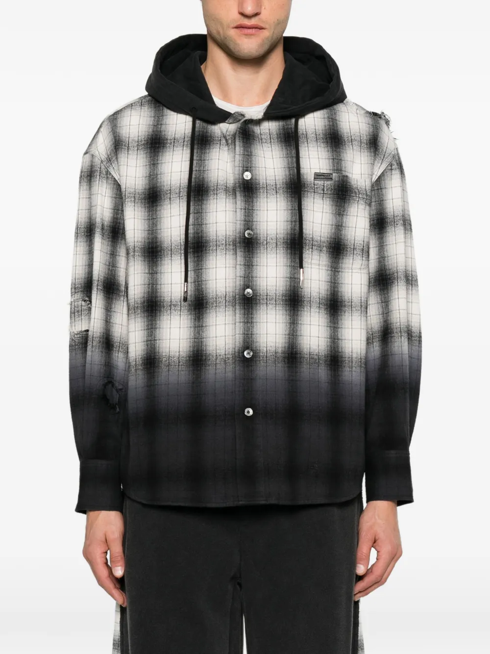 Feng Chen Wang gradient-effect plaid-pattern hooded shirt Zwart