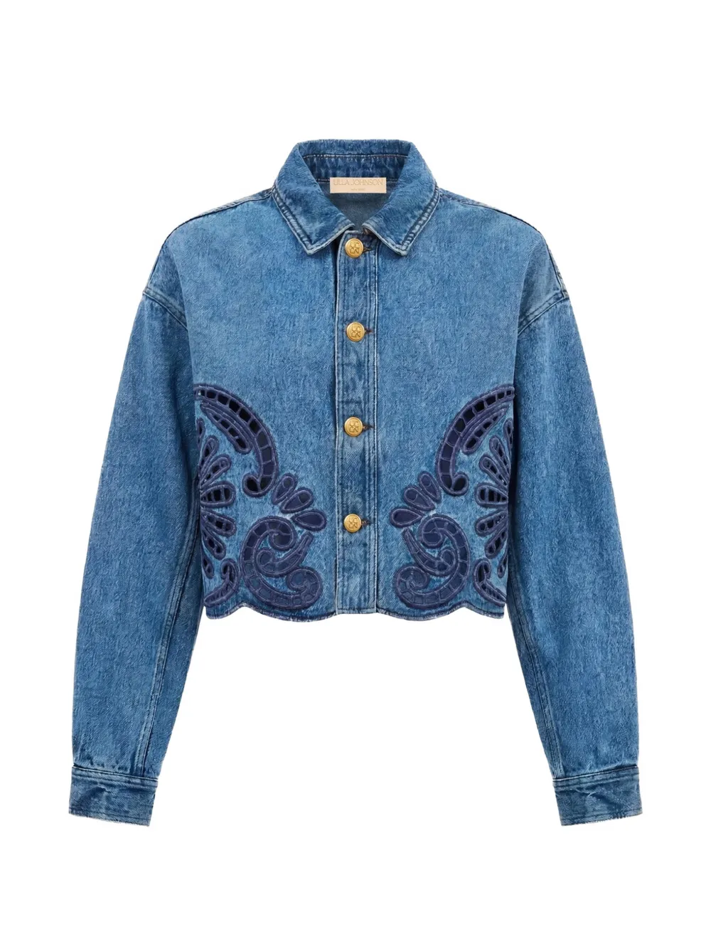 Ulla Johnson Bobbi embroidered cropped denim jacket Blauw