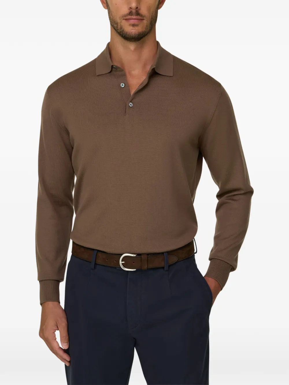 Boggi Milano Gebreid poloshirt van merinowol Bruin