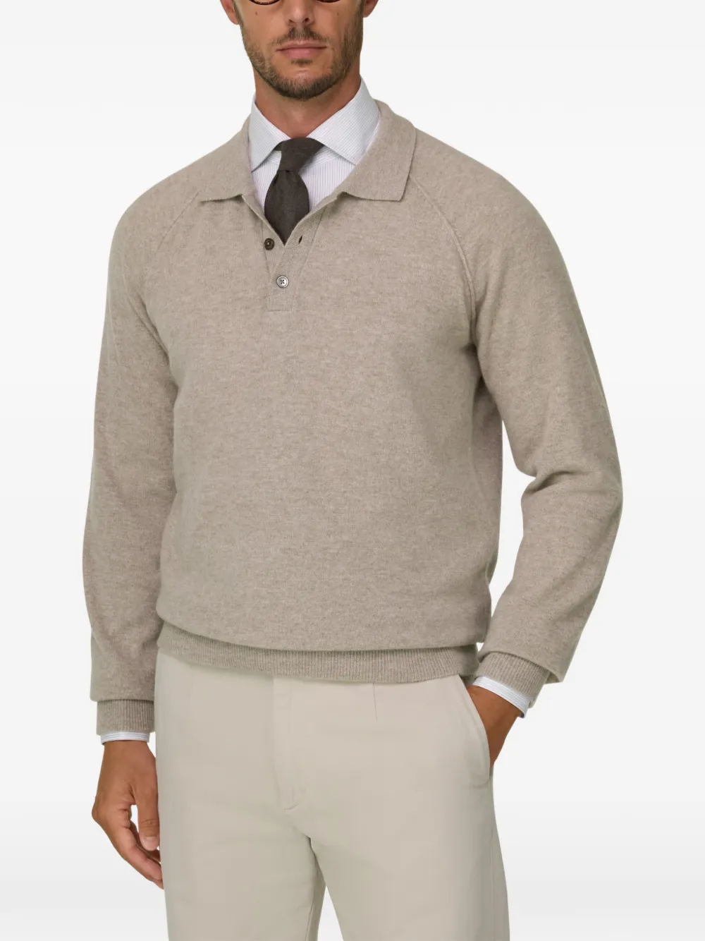 Boggi Milano Gebreid poloshirt van merinowol en jak Beige