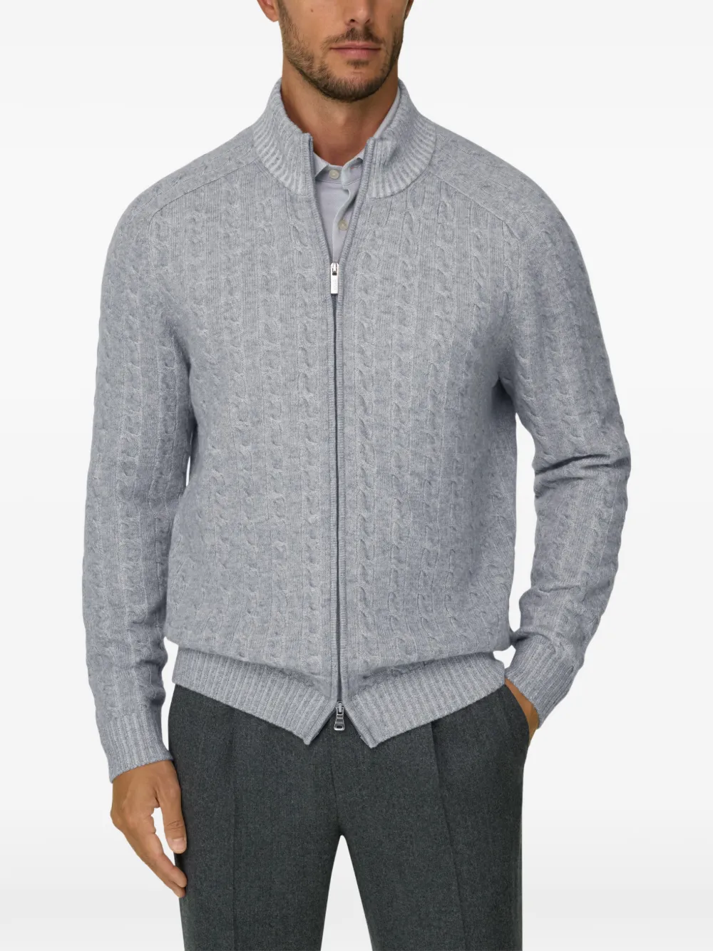 Boggi Milano roll neck jumper full-zip cashmere wool plated Grijs