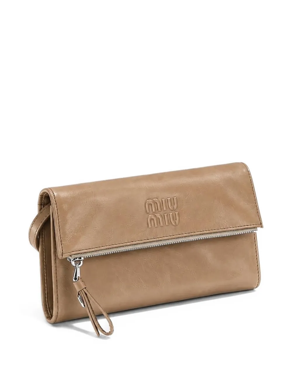 Miu Leren schoudertas met logo-reliëf Beige