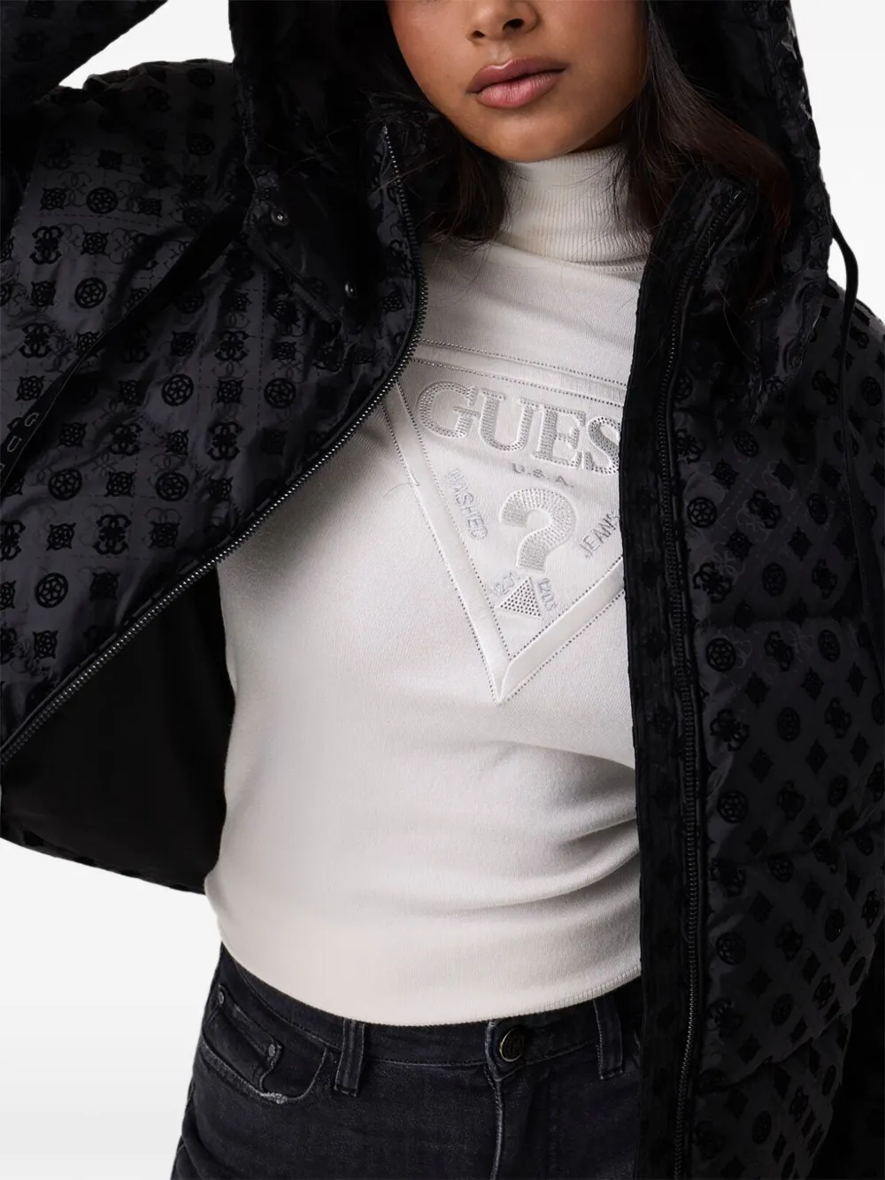 GUESS USA logo-print cropped puffer jacket Zwart
