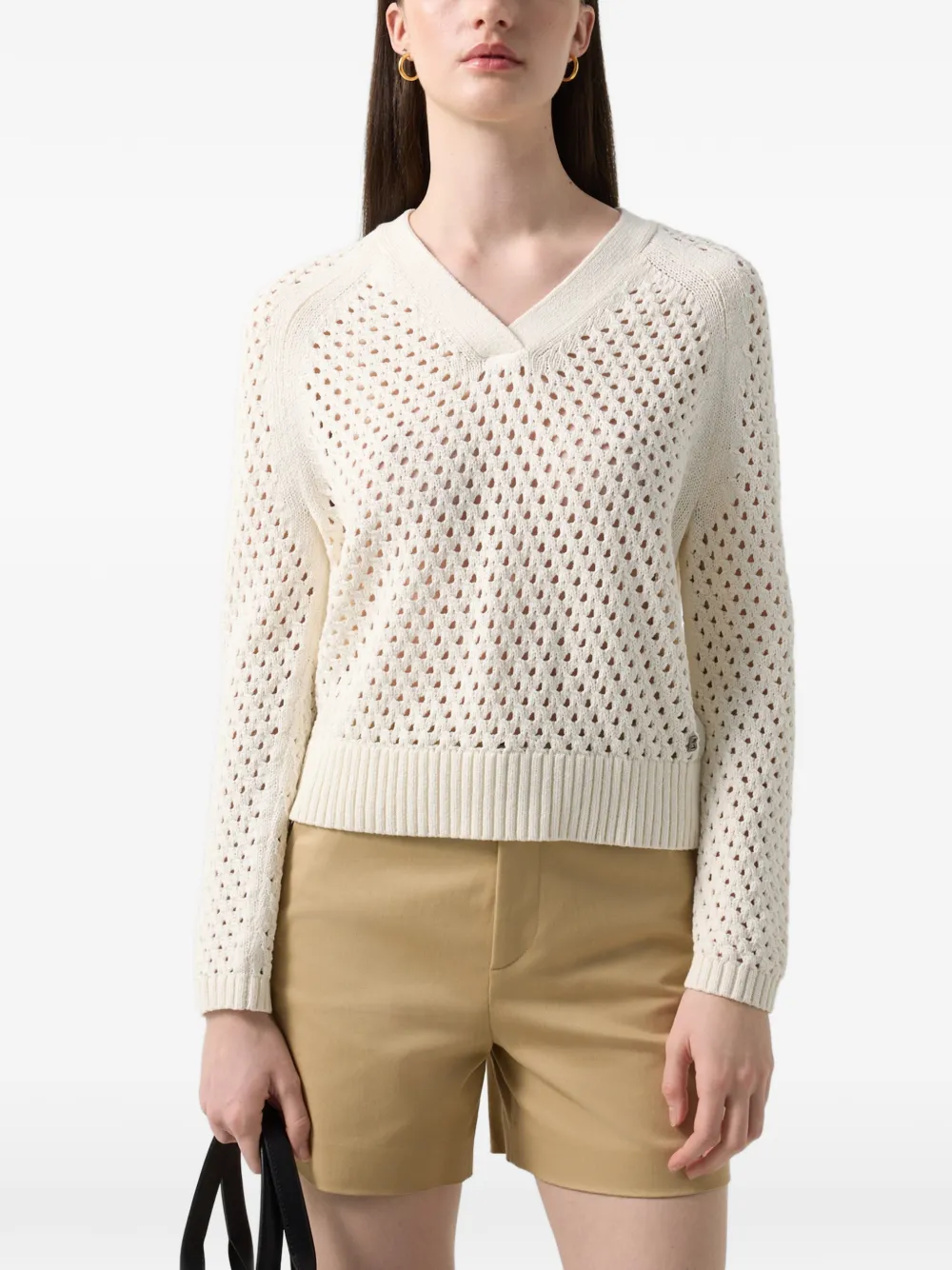 BOGNER pointelle-knit V-neck sweater Beige