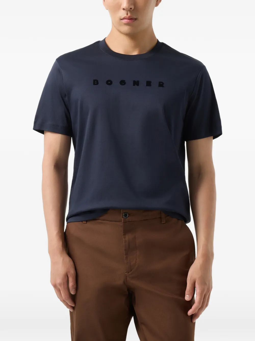 BOGNER Lukas velvet logo-print T-shirt Blauw