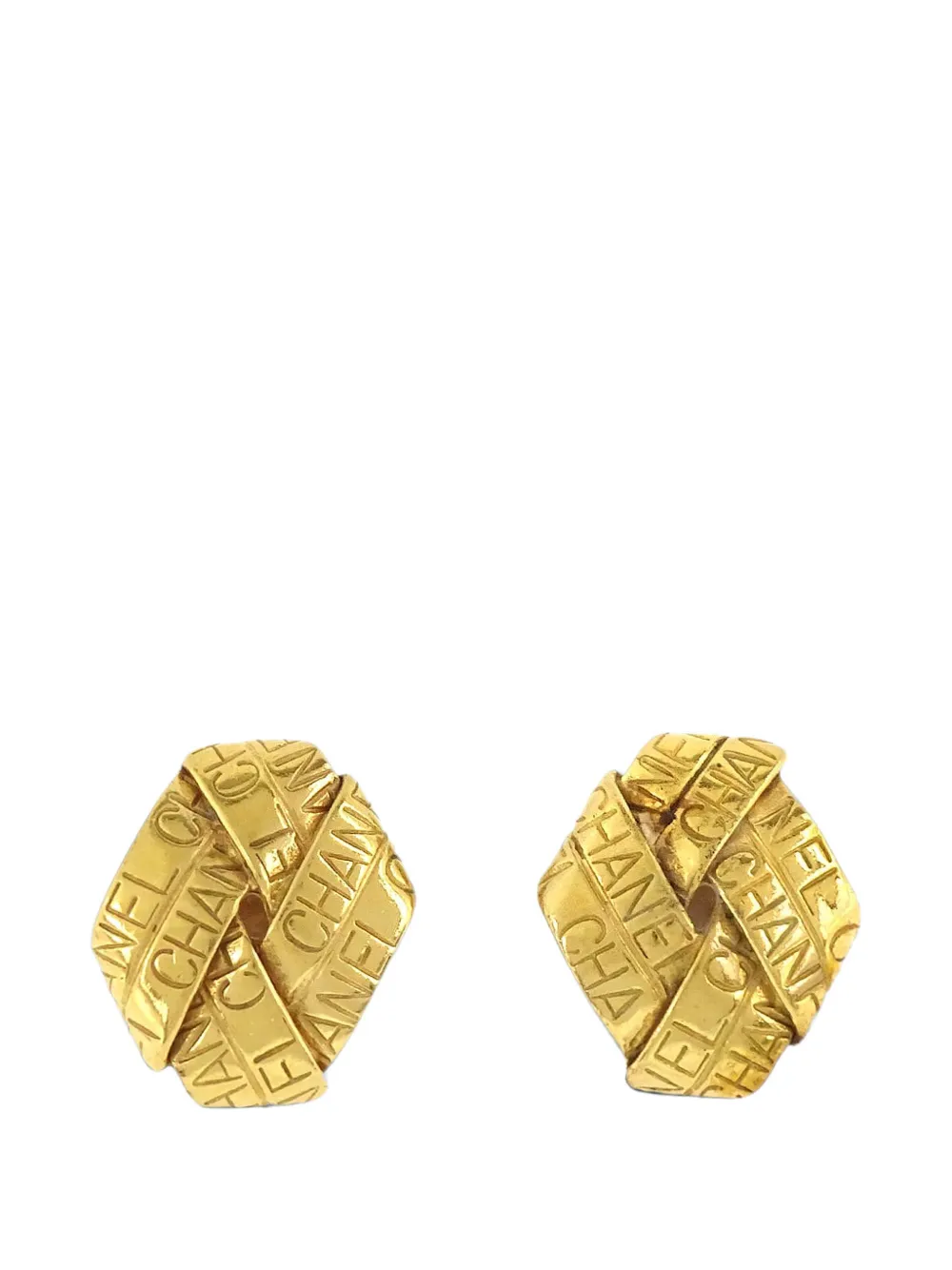 CHANEL Pre-Owned 1996 logo-engraved ribbon clip-on earrings - Gold