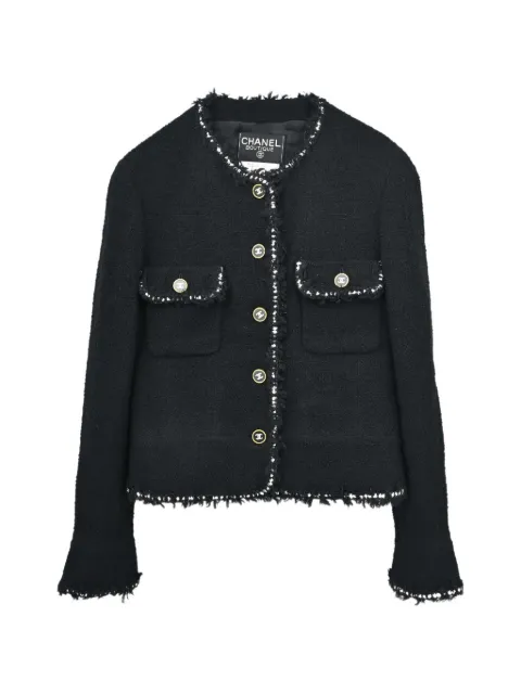 CHANEL Pre-Owned chamarra de tweed sin cuello