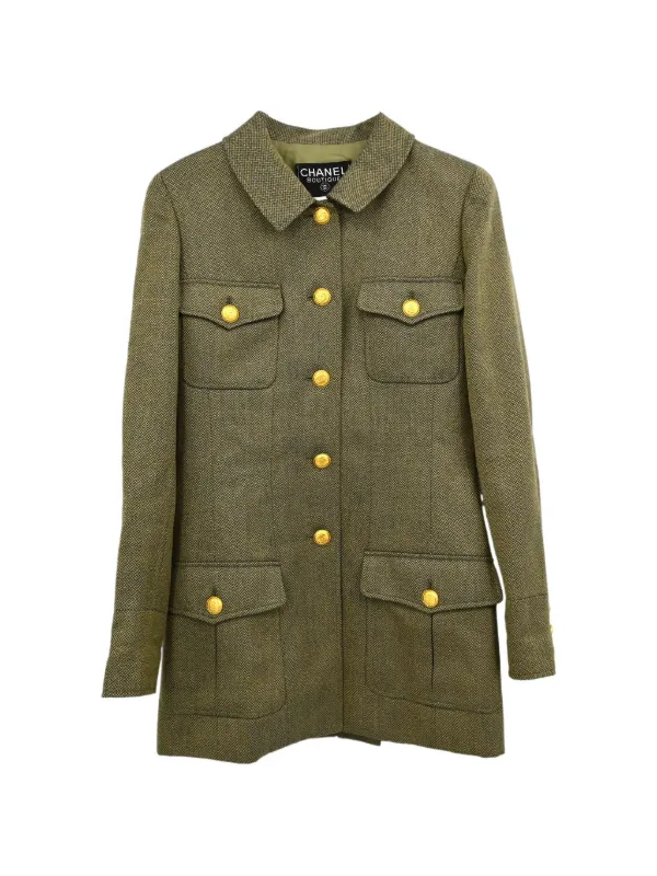 CHANEL Pre-Owned 1996 Tweed single-breasted Coat | Green | FARFETCH