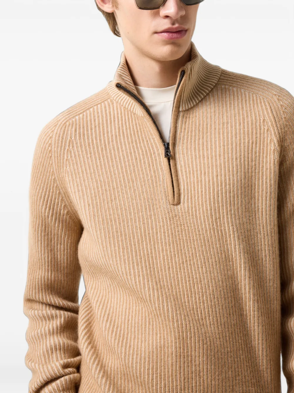 BOGNER Dwayne ribbed-knit quarter-zip sweater Beige