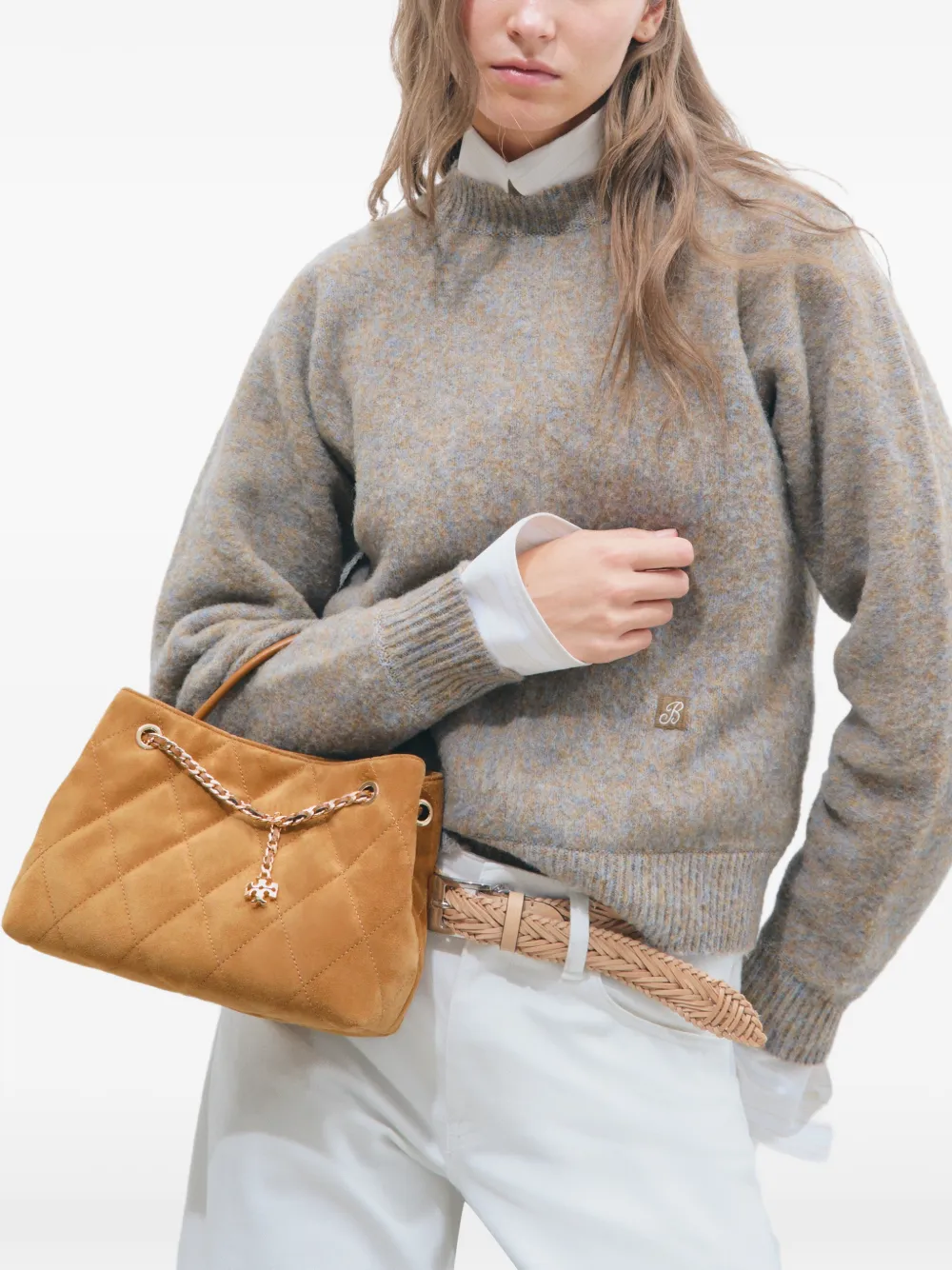 Tory Burch small Fleming suede carryall bag Beige