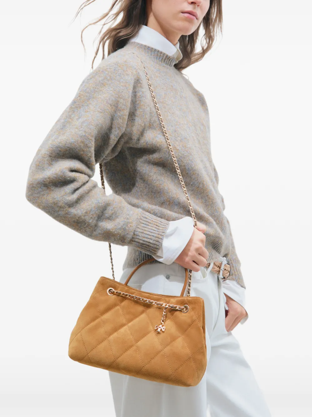 Tory Burch small Fleming suede carryall bag Beige
